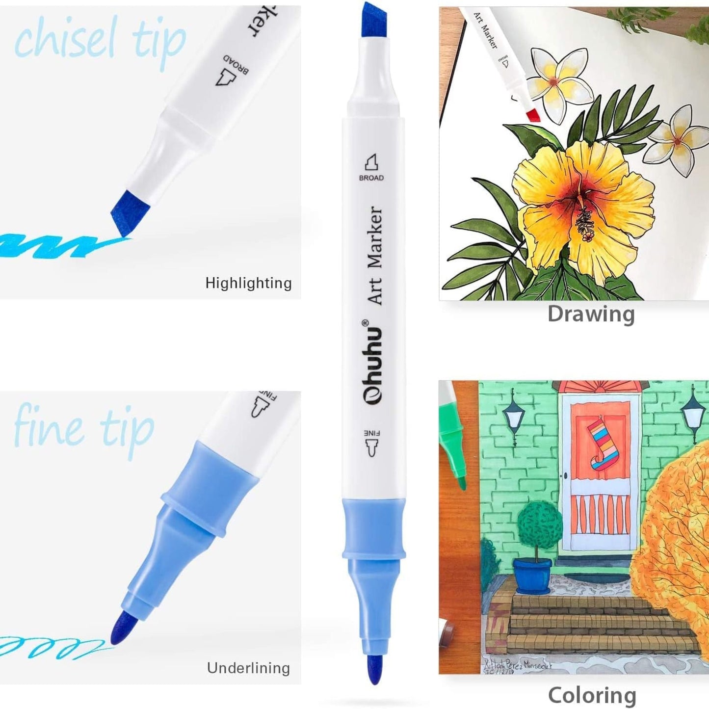 Ohuhu Art Markers: Set de 48 marcadores de alcohol colores básicos incl. 1 blender (Punta fina y biselada)