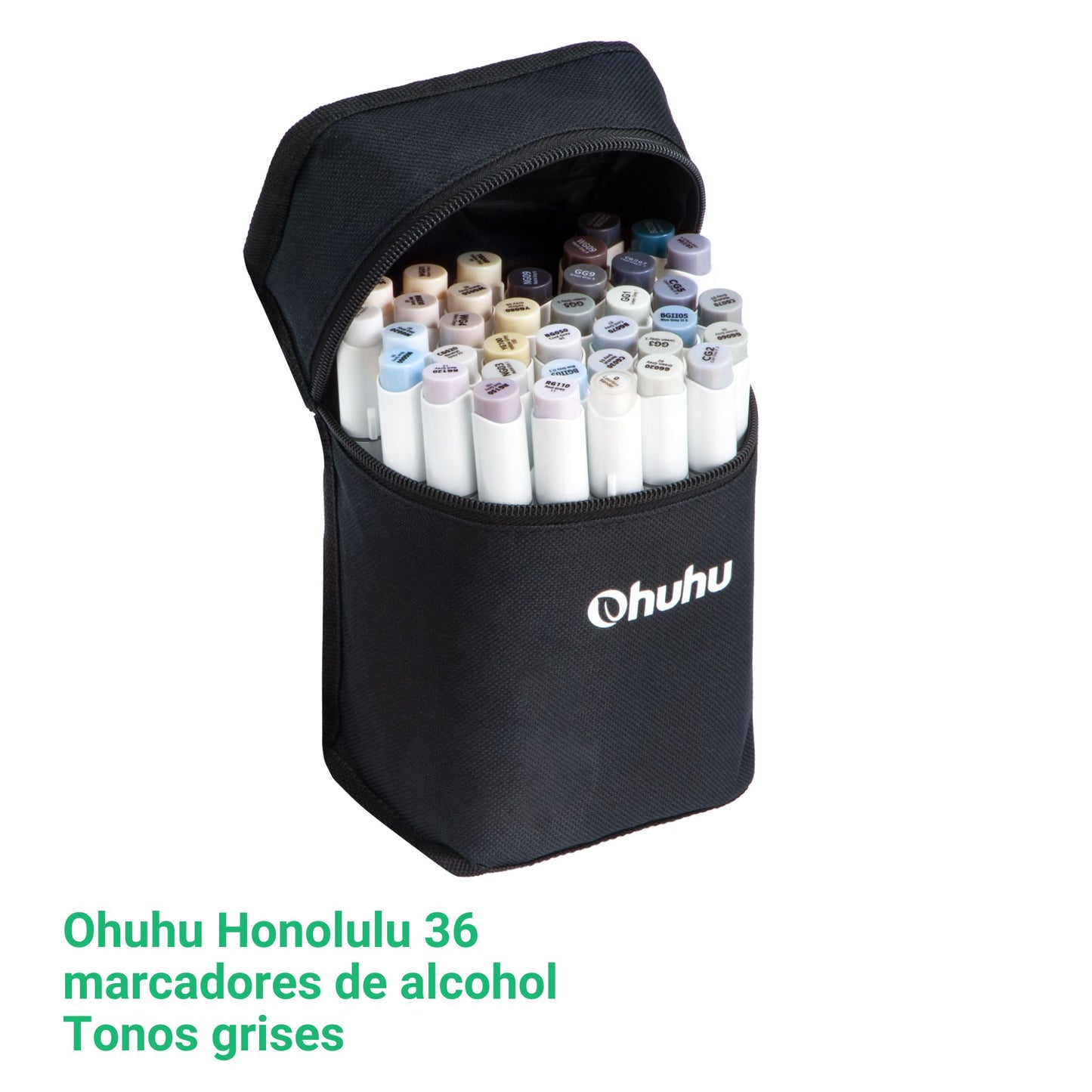 Ohuhu Honolulu: Set de 36 marcadores de alcohol doble punta tonos grises + 1 blender (Punta pincel + biselada)