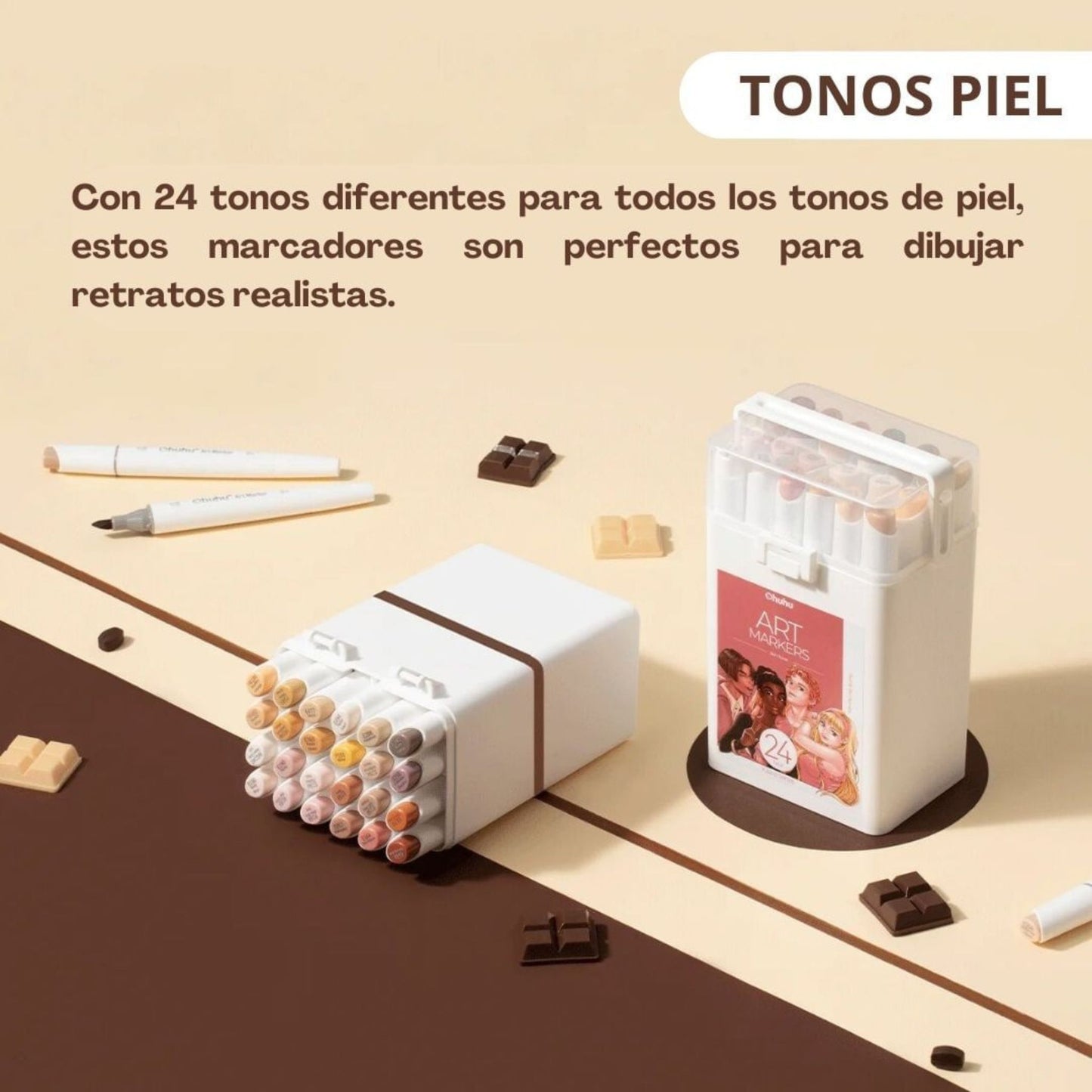 Ohuhu Kaala: Set de 24 marcadores de alcohol doble punta tonos piel + 1 blender (Punta delgada - ancha + fina)