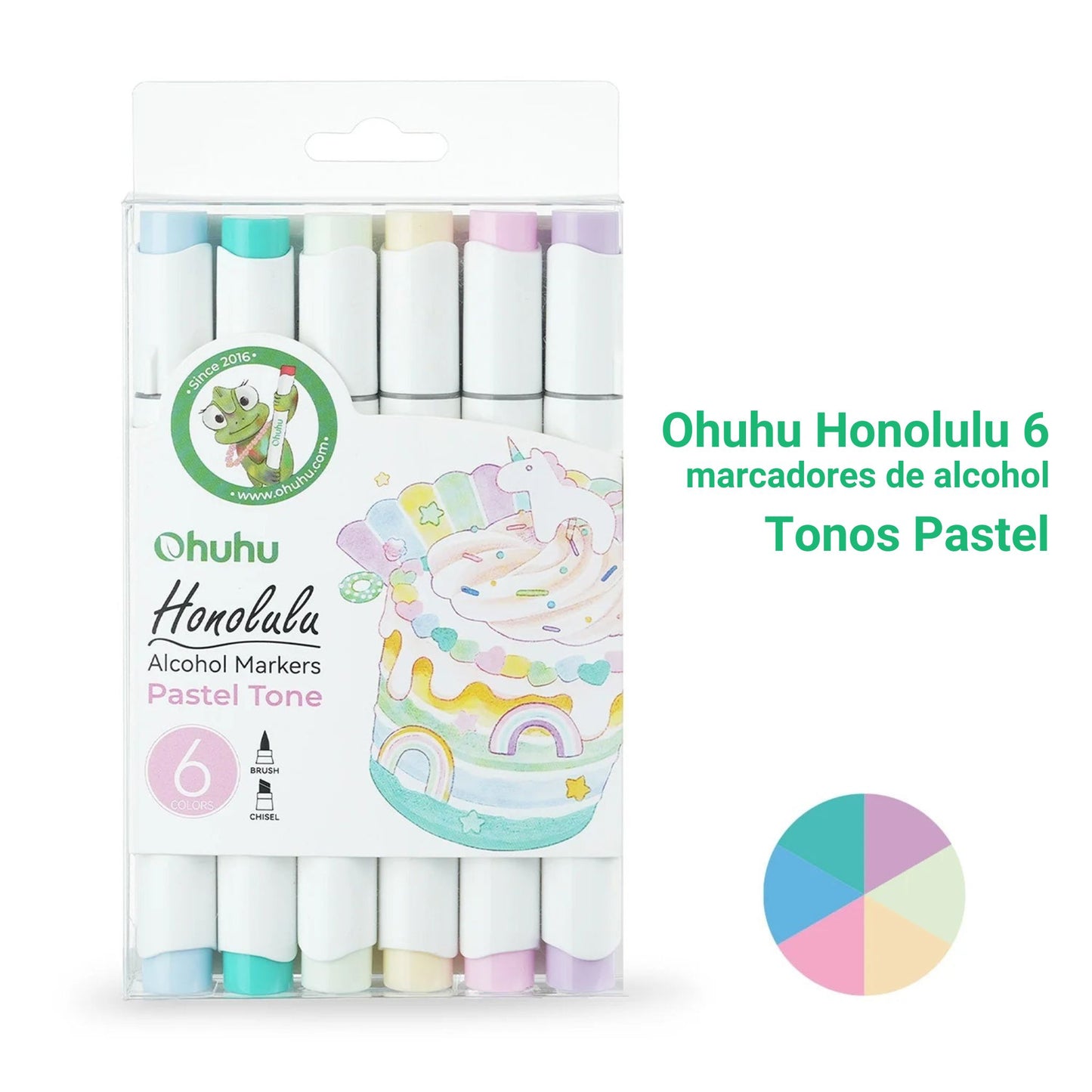 Ohuhu Honolulu: Set de 6 marcadores de alcohol doble punta tonos pastel (Punta pincel + biselada)