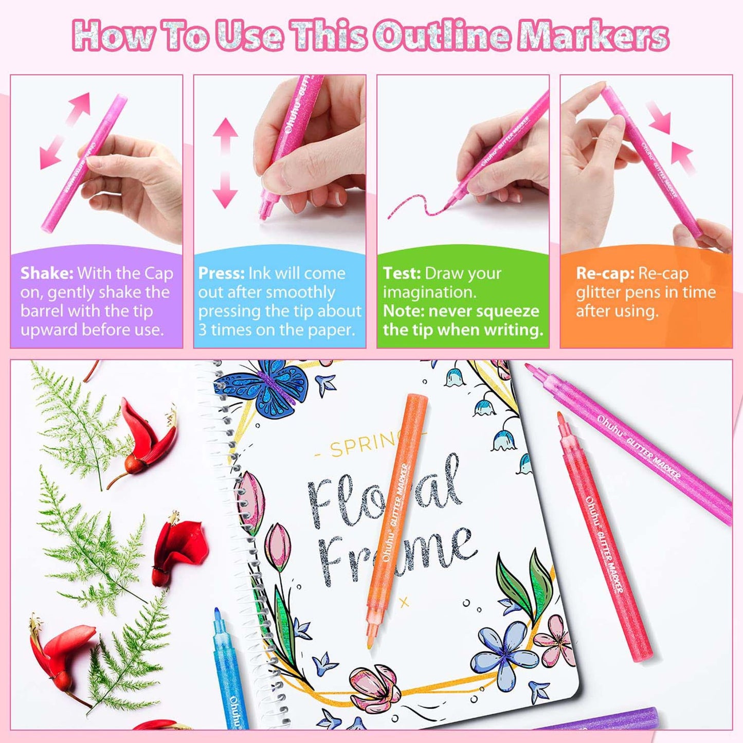 Ohuhu Glitter Metallic Marker Pens: Set de 12 colores con brillantina punta fina