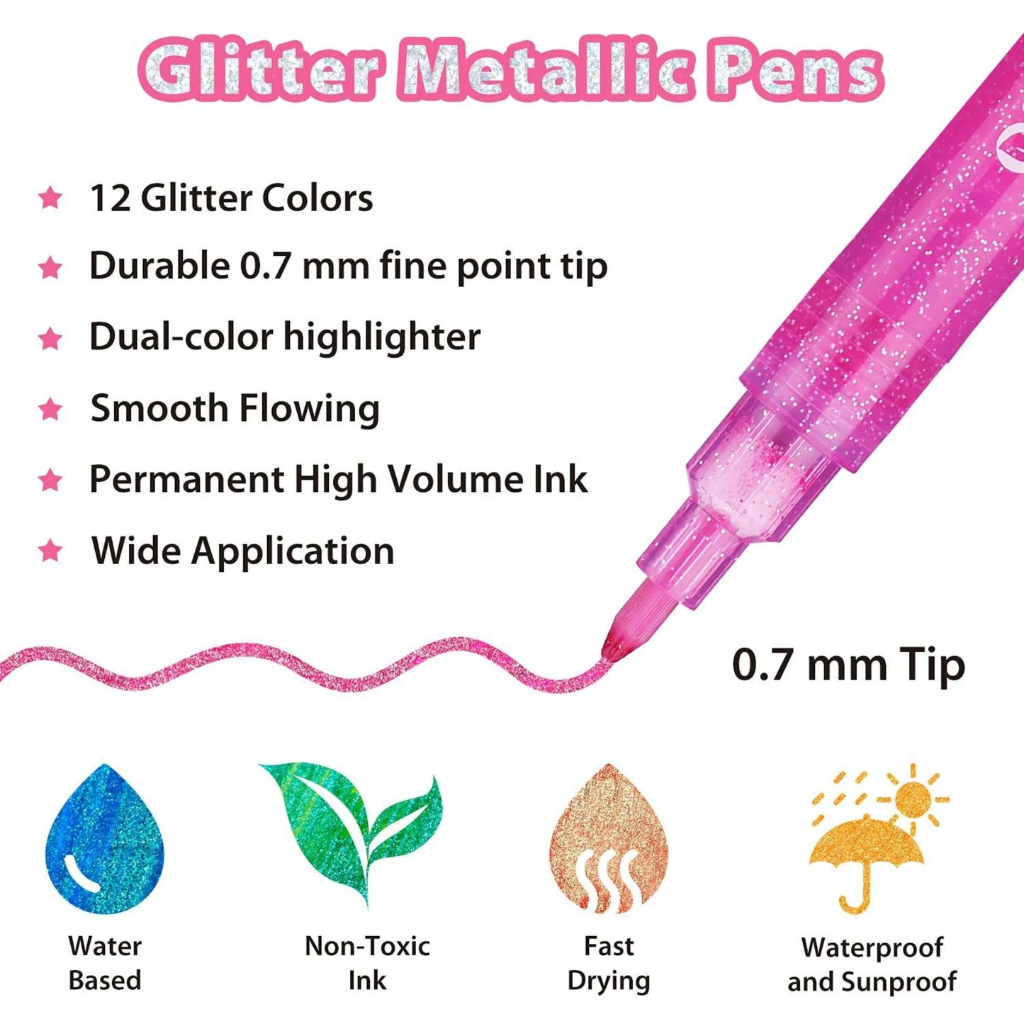 Ohuhu Glitter Metallic Marker Pens: Set de 12 colores con brillantina punta fina