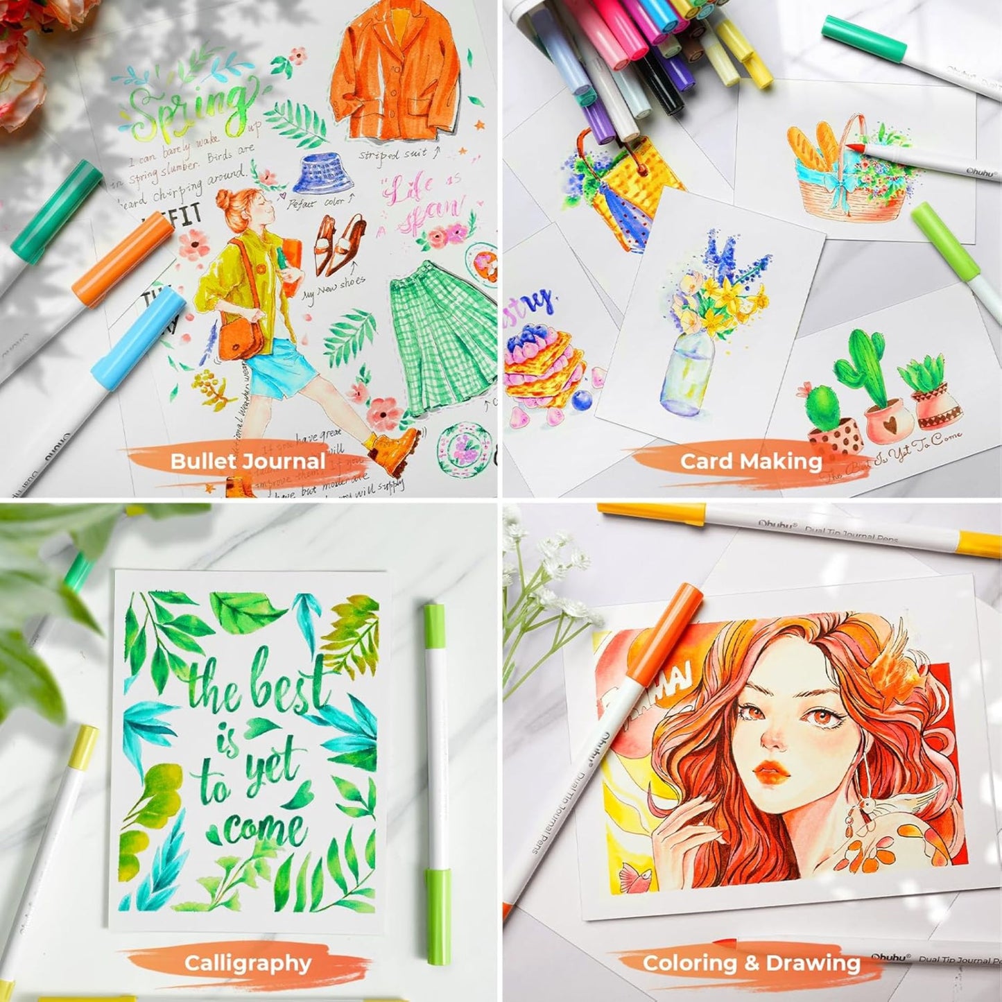 Ohuhu Journal Pens: Set de 40 marcadores base de agua doble punta (Punta pincel y punta extra fina)