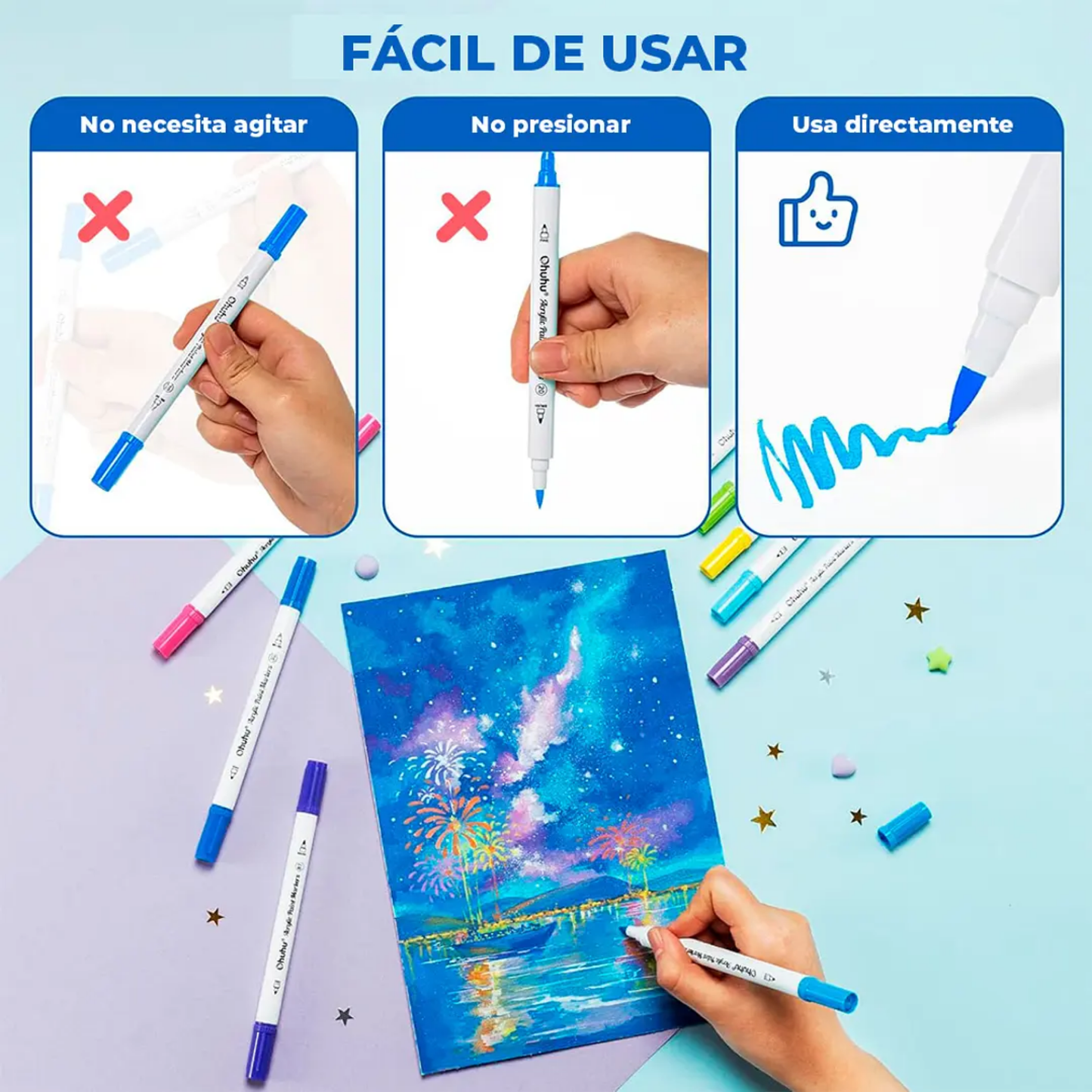 Ohuhu Acrylic Paint: Set de 36 marcadores de acrílicos doble punta (punta pincel y fina)