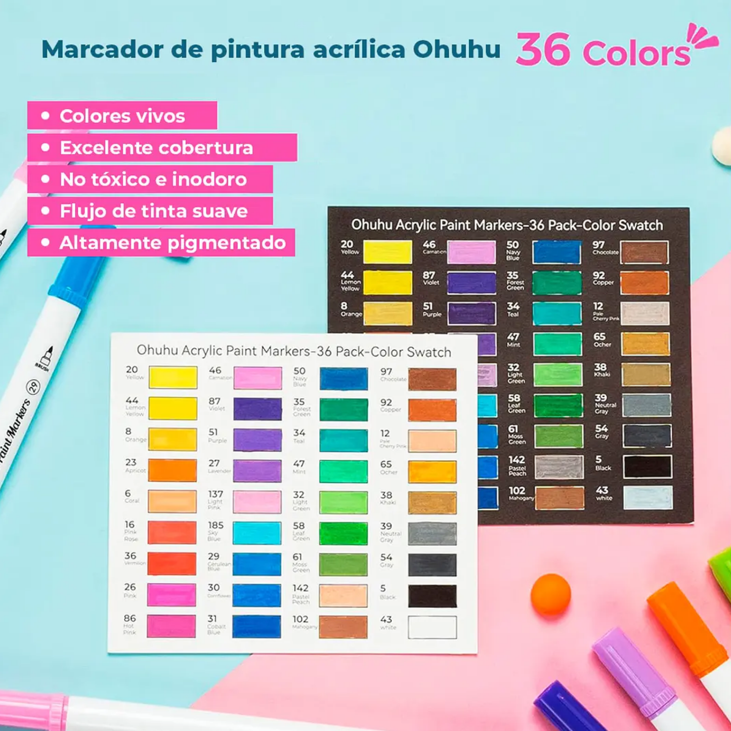 Ohuhu Acrylic Paint: Set de 36 marcadores de acrílicos doble punta (punta pincel y fina)