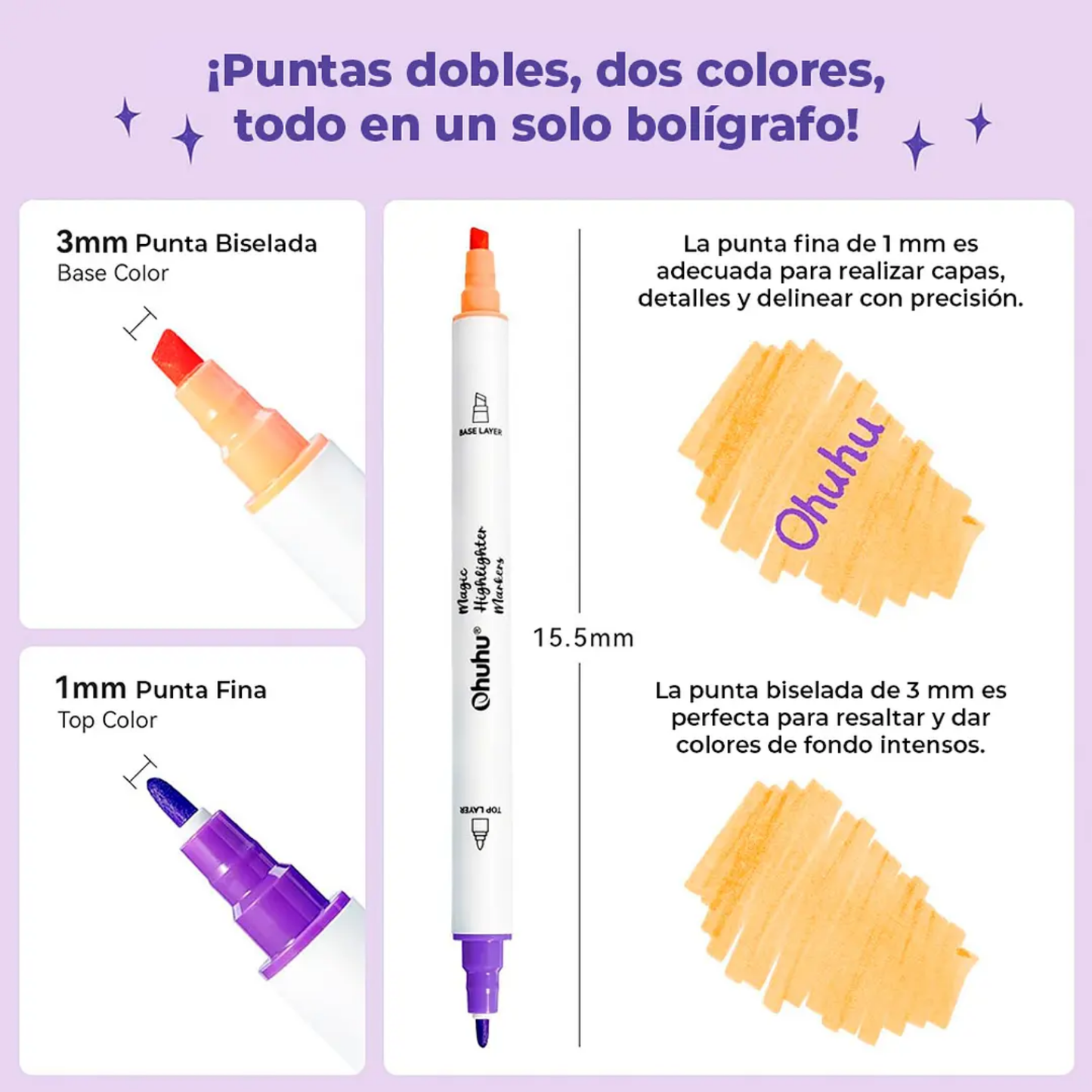 Ohuhu Magic Highlighter: Set de 32 marcadores a base de agua doble punta (punta fina y biselada)