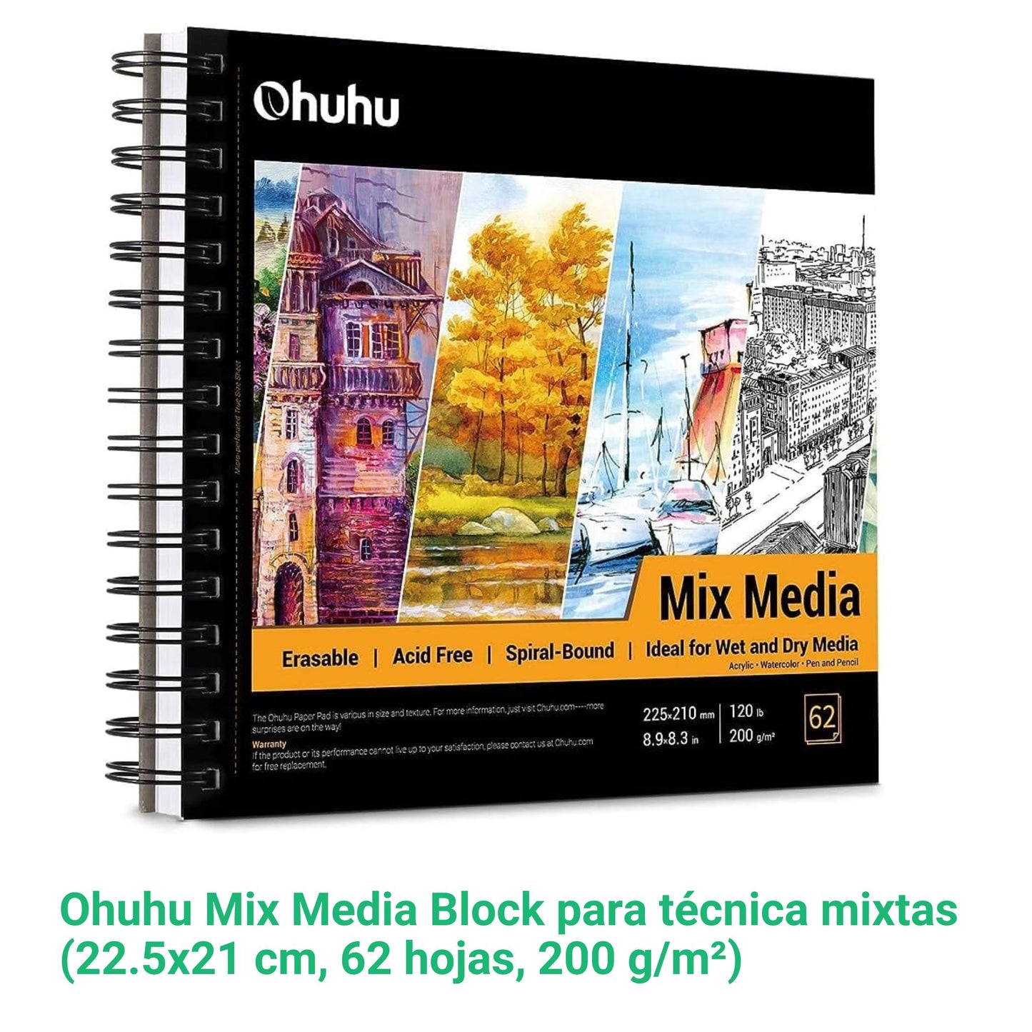 Ohuhu Mix Media Block para técnicas mixtas (22.5x21 cm, 62 hojas, 200 g/m²)