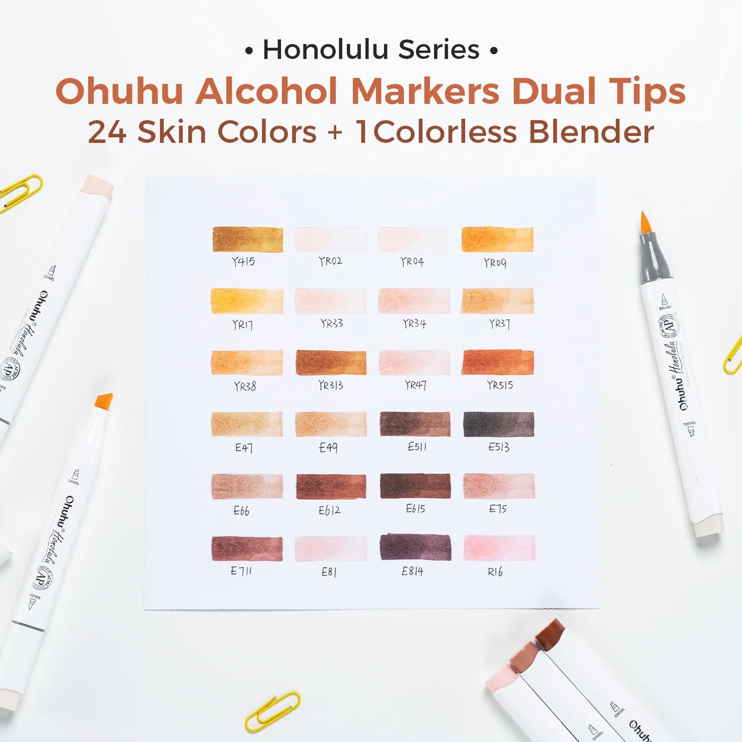 Ohuhu Honolulu: Set de 24 marcadores de alcohol doble punta tonos piel + 1 blender (Punta pincel + biselada)