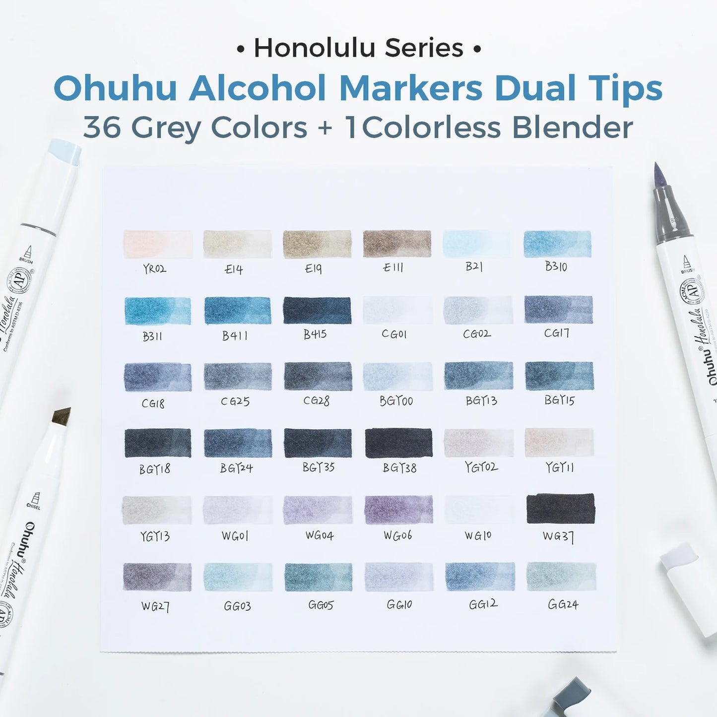 Ohuhu Honolulu: Set de 36 marcadores de alcohol doble punta tonos grises + 1 blender (Punta pincel + biselada)