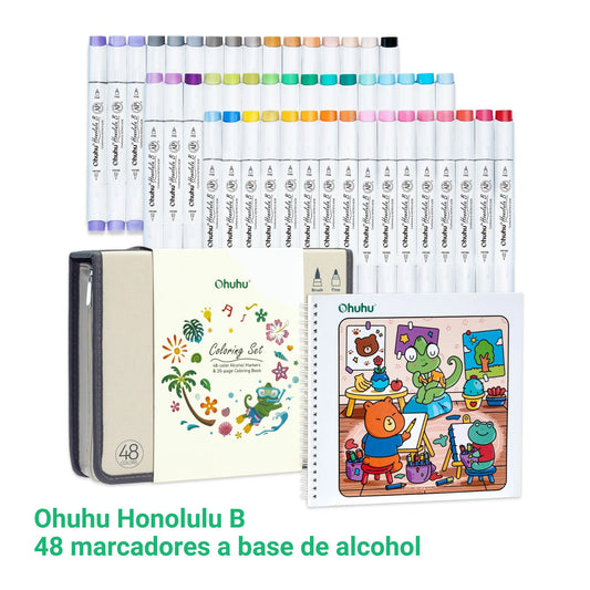 Ohuhu Honolulu B: Set de 48 marcadores de alcohol doble punta básico + Libro coloreable
