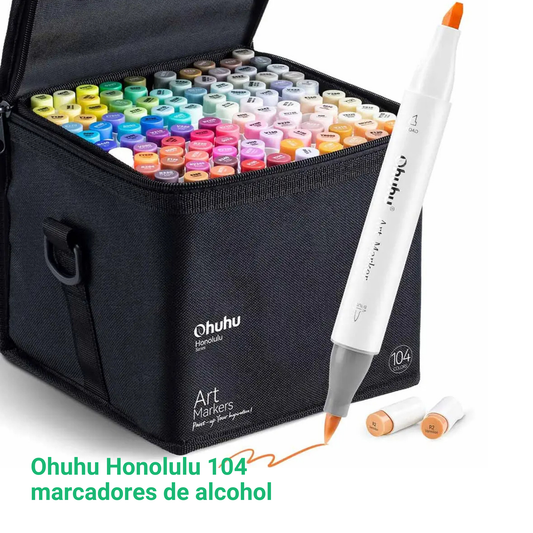 Ohuhu Honolulu: Set de 104 marcadores de alcohol doble punta colores básicos + 1 blender (Punta pincel + biselada)