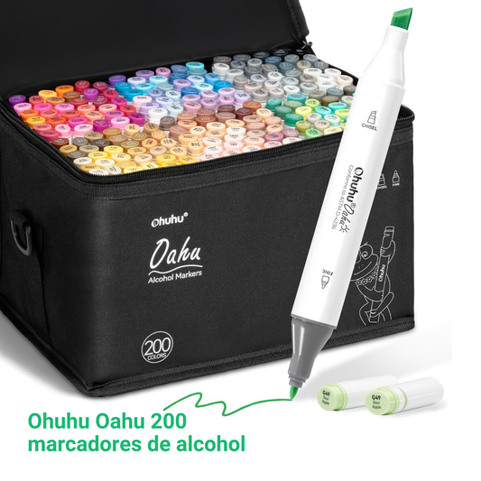 Ohuhu Oahu: Set de 200 marcadores de alcohol doble punta colores básicos + 1 blender (Punta fina + biselada)