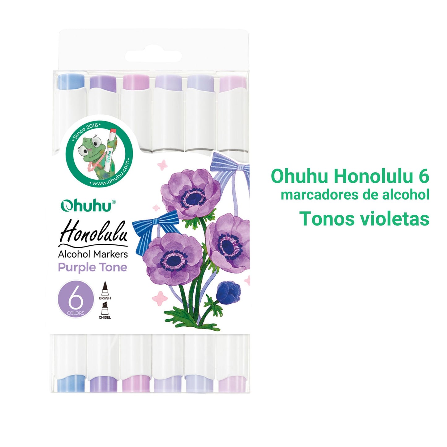 Ohuhu Honolulu: Set de 6 marcadores de alcohol doble punta tonos violeta (Punta pincel + biselada)