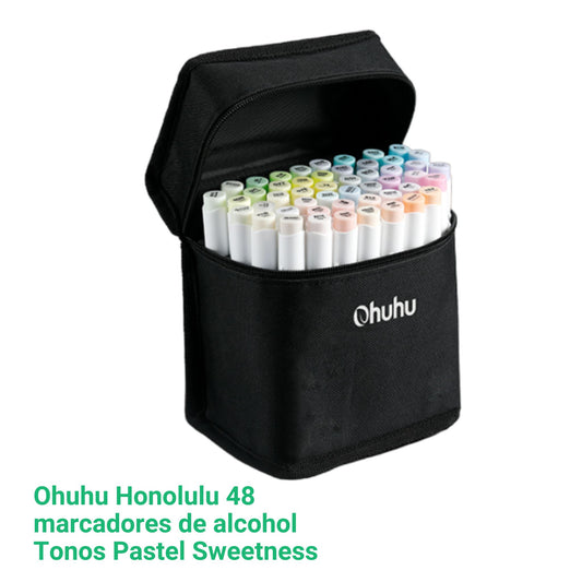 Ohuhu Honolulu: Set de 48 marcadores de alcohol doble punta tonos pasteles Sweetness + 1 blender (Punta pincel + biselada)