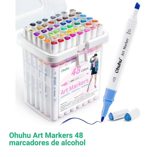 Ohuhu Art Markers: Set de 48 marcadores de alcohol colores básicos incl. 1 blender (Punta fina y biselada)