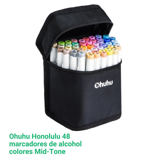 Ohuhu Honolulu: Set de 48 marcadores de alcohol doble punta color mid-tone + 1 blender (Punta pincel + biselada)