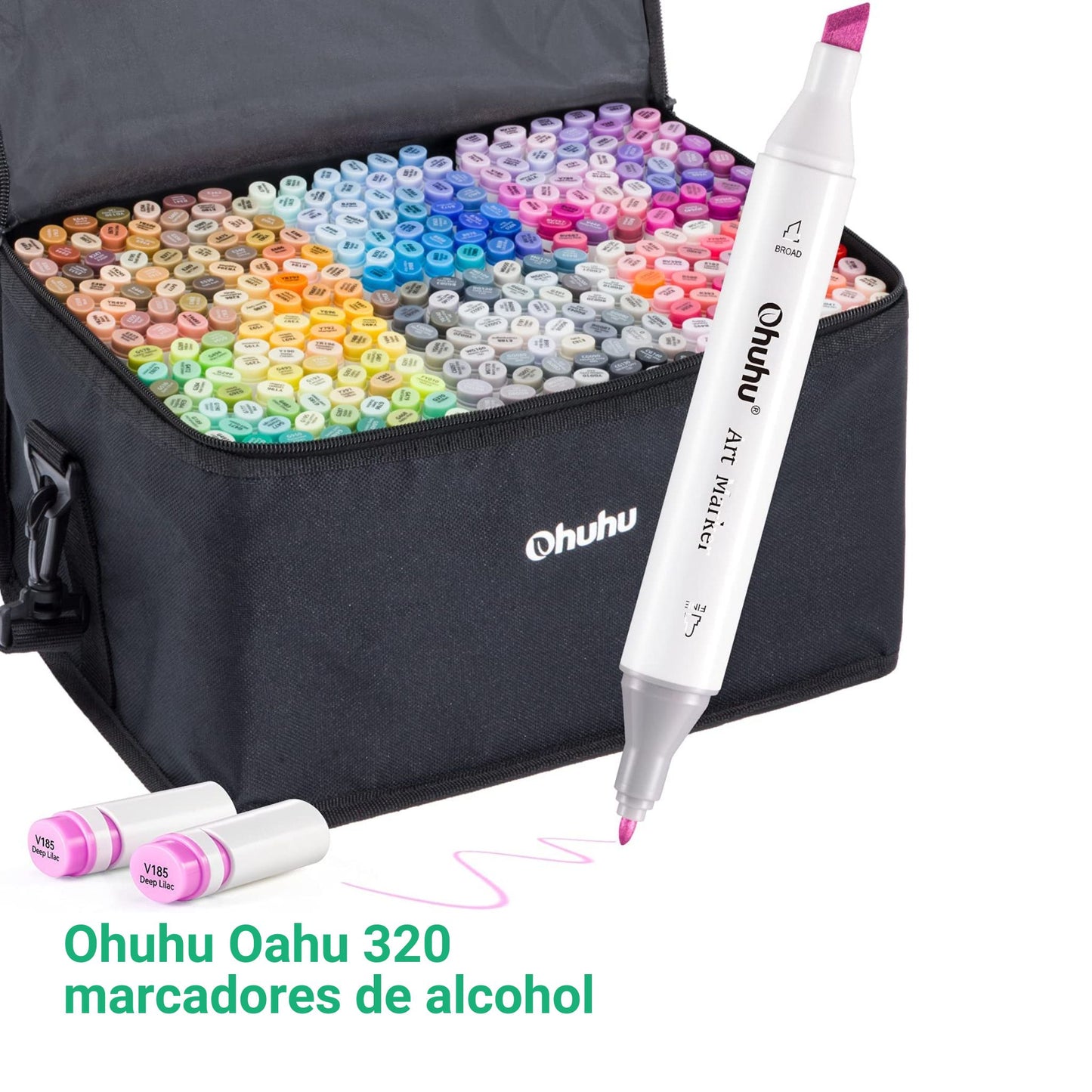 Ohuhu Oahu: Set de 320 marcadores de alcohol doble punta colores básicos + 1 blender (Punta fina + biselada)