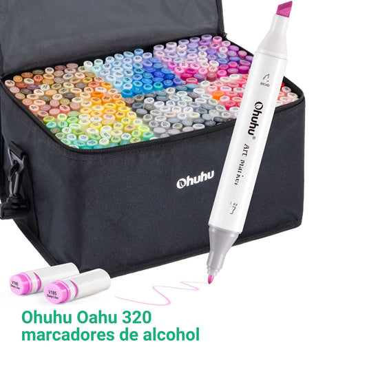 Ohuhu Oahu: Set de 320 marcadores de alcohol doble punta colores básicos + 1 blender (Punta fina + biselada)