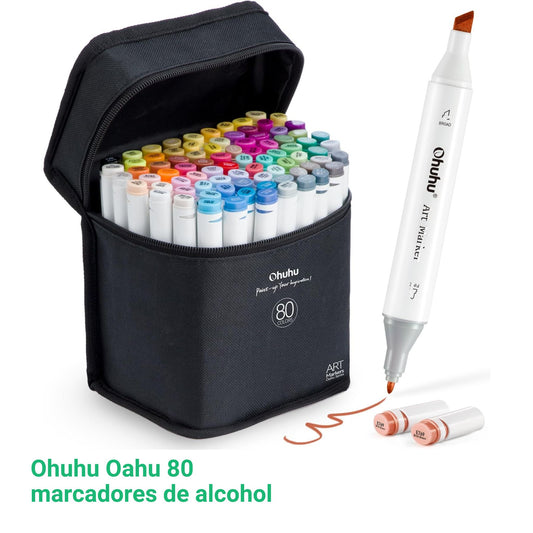 Ohuhu Oahu: Set de 80 marcadores de alcohol doble punta colores básicos + 1 blender (Punta fina + biselada)