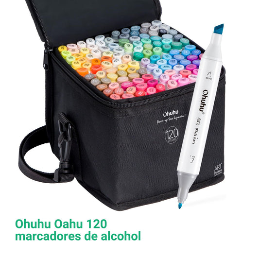 Ohuhu Oahu: Set de 120 marcadores de alcohol doble punta colores básicos + 1 blender (Punta fina + biselada)