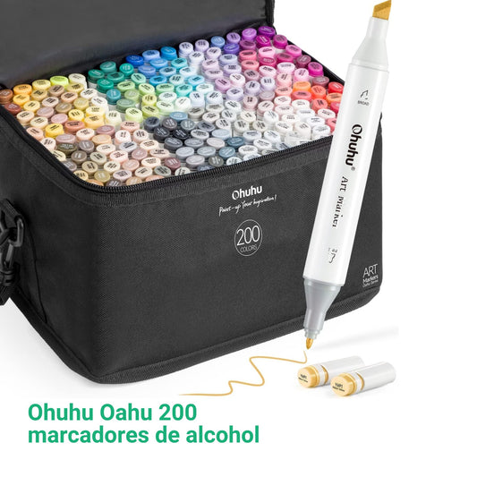 Ohuhu Oahu: Set de 200 marcadores de alcohol doble punta colores básicos + 1 blender (Punta fina + biselada)