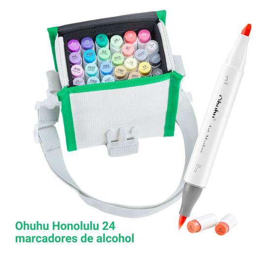 Ohuhu Honolulu: Set de 24 marcadores de alcohol doble punta colores básicos + 1 blender (Punta pincel + biselada)