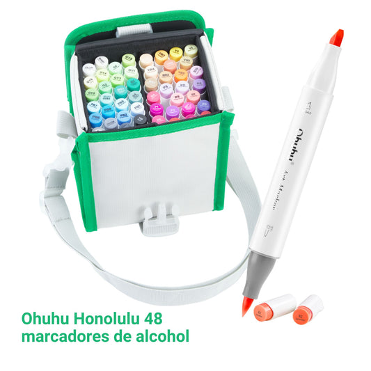 Ohuhu Honolulu: Set de 48 marcadores de alcohol doble punta colores básicos + 1 blender (Punta pincel + biselada)