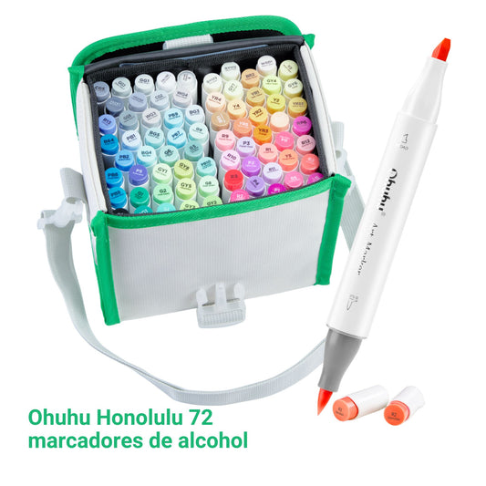 Ohuhu Honolulu: Set de 72 marcadores de alcohol doble punta colores básicos + 1 blender (Punta pincel + biselada)