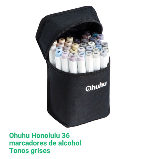 Ohuhu Honolulu: Set de 36 marcadores de alcohol doble punta tonos grises + 1 blender (Punta pincel + biselada)