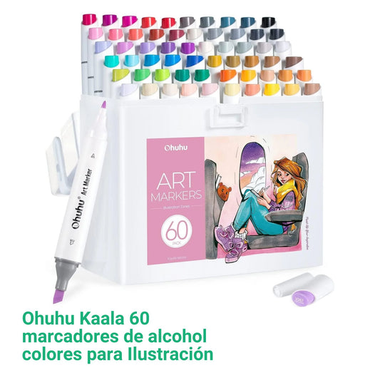 Ohuhu Kaala: Set de 60 marcadores de alcohol doble punta colores para Ilsutración + 1 blender (Punta delgada - ancha + fina)