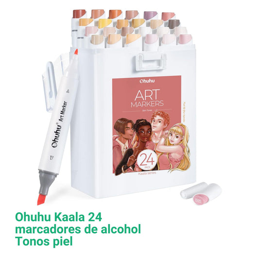Ohuhu Kaala: Set de 24 marcadores de alcohol doble punta tonos piel + 1 blender (Punta delgada - ancha + fina)