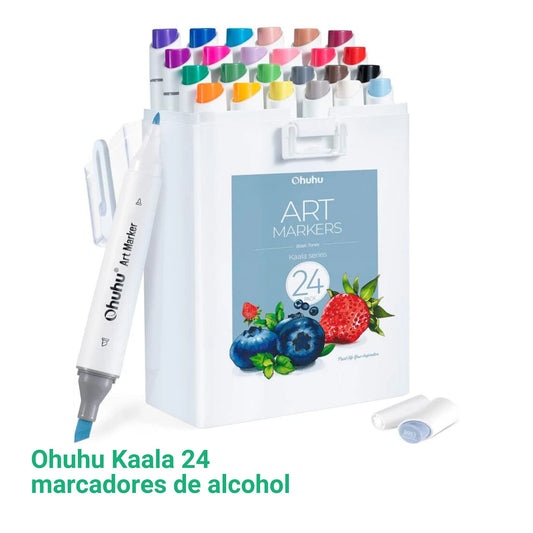 Ohuhu Kaala: Set de 24 marcadores de alcohol doble punta colores básicos + 1 blender (Punta delgada - ancha + fina)
