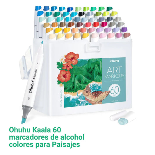 Ohuhu Kaala: Set de 60 marcadores de alcohol doble punta colores para Paisajes + 1 blender (Punta delgada - ancha + fina)