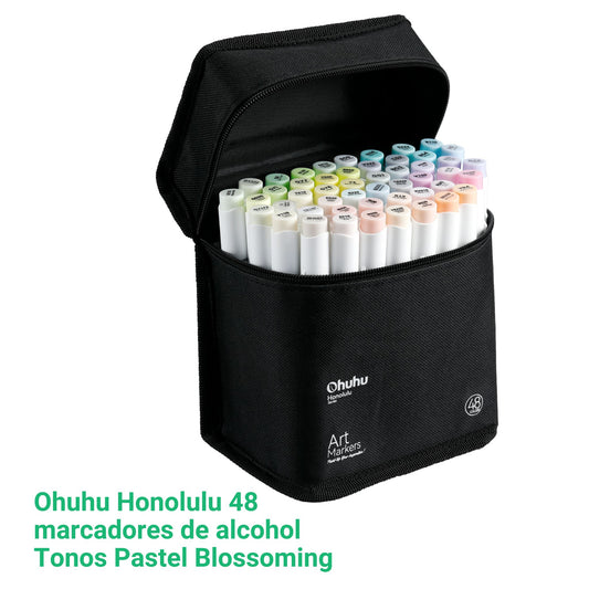 Ohuhu Honolulu: Set de 48 marcadores de alcohol doble punta tonos pasteles Blossoming + 1 blender (Punta pincel + biselada)