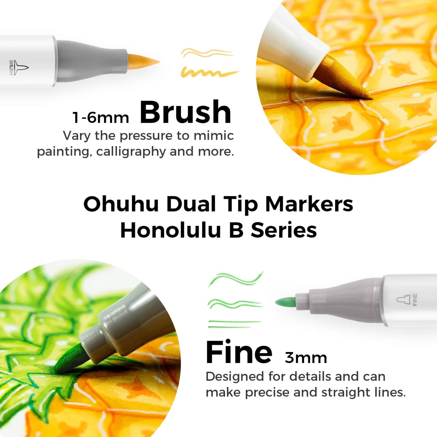 Ohuhu Oahu: Set de 320 marcadores de alcohol doble punta colores básicos + 1 blender (Punta fina + biselada)