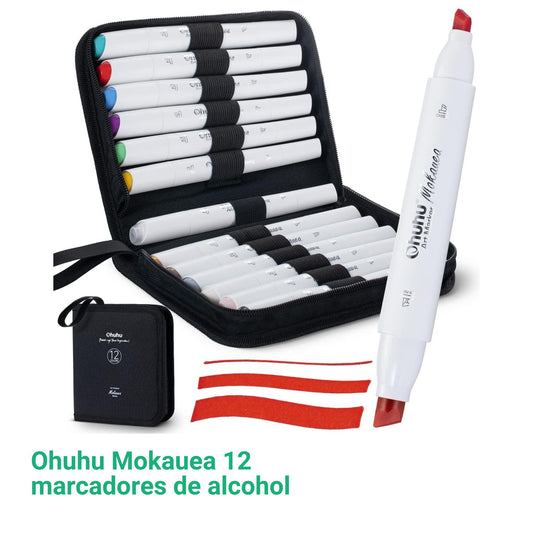 Ohuhu Mokauea: Set de 12 marcadores de alcohol doble punta colores básicos + 1 blender (Punta triple + biselada)