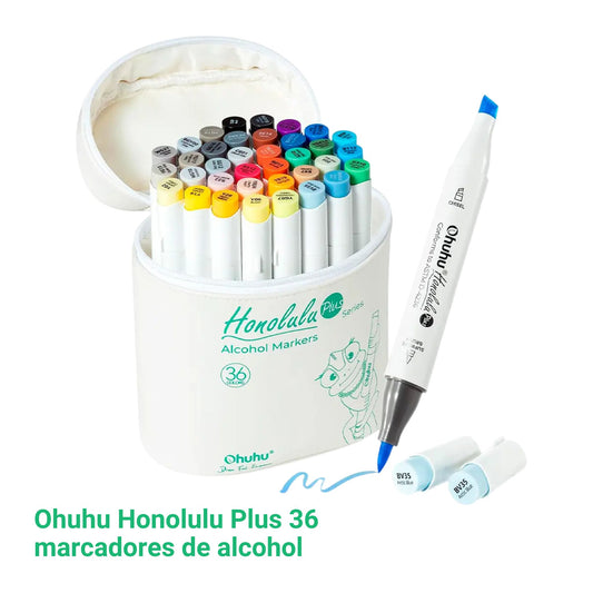 Ohuhu Honolulu Plus: Set de 36 marcadores de alcohol doble punta colores básicos + 1 blender (Punta brush supreme + biselada)