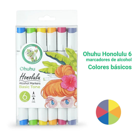 Ohuhu Honolulu: Set de 6 marcadores de alcohol doble punta colores básicos (Punta pincel + biselada)