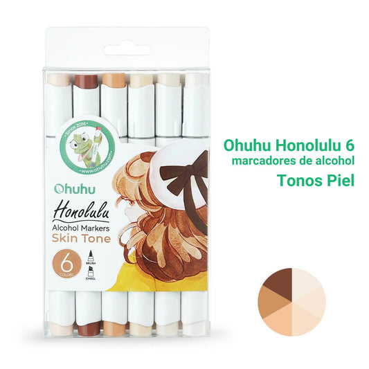 Ohuhu Honolulu: Set de 6 marcadores de alcohol doble punta tonos piel (Punta pincel + biselada)