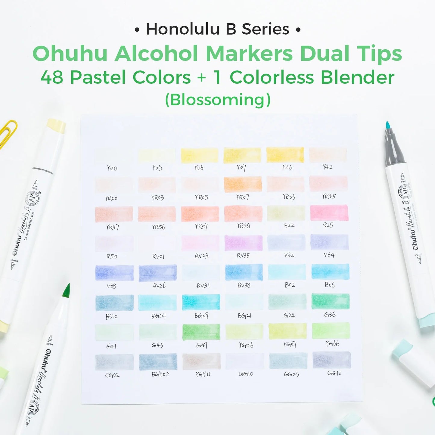 Ohuhu Honolulu: Set de 48 marcadores de alcohol doble punta tonos pasteles Blossoming + 1 blender (Punta pincel + biselada)