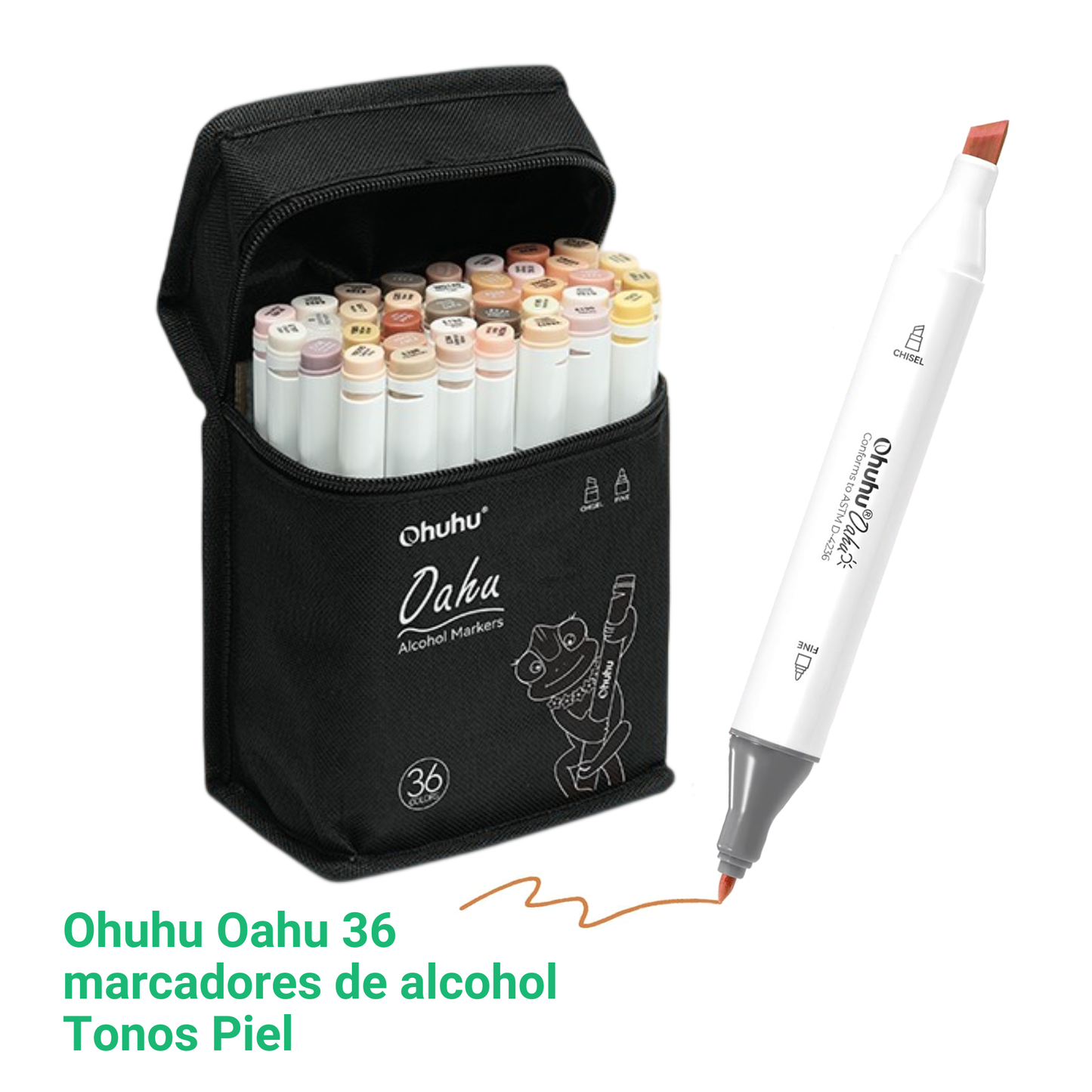 Ohuhu Oahu: Set de 36 marcadores de alcohol doble punta tonos piel + 1 blender (Punta fina + biselada)