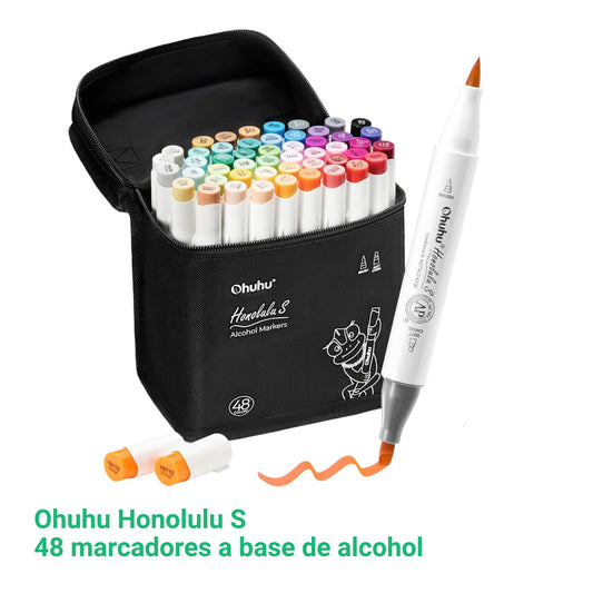 Ohuhu Honolulu S: Set de 48 marcadores de alcohol doble punta colores básicos+ 1 blender (Punta brush + biselada soft)