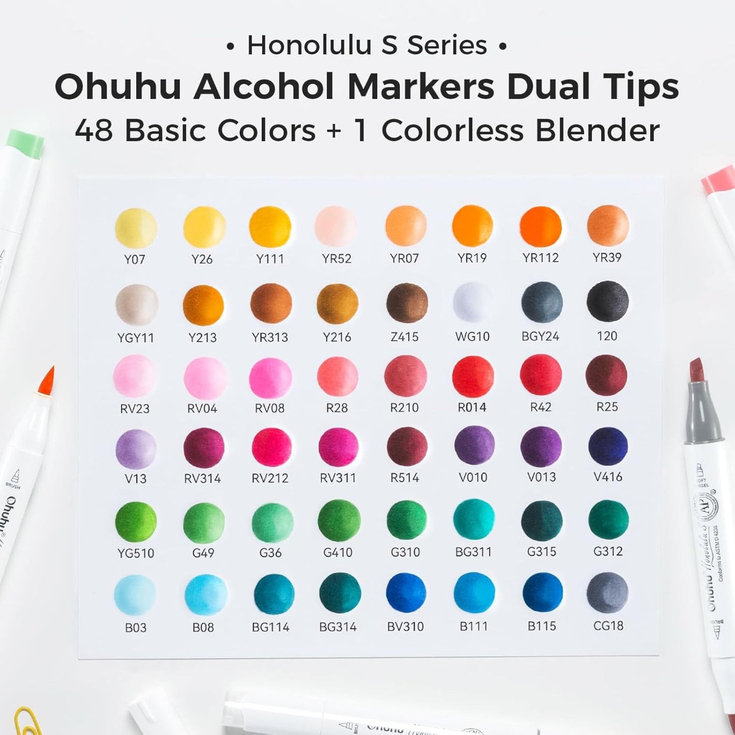 Ohuhu Honolulu S: Set de 48 marcadores de alcohol doble punta colores básicos+ 1 blender (Punta brush + biselada soft)