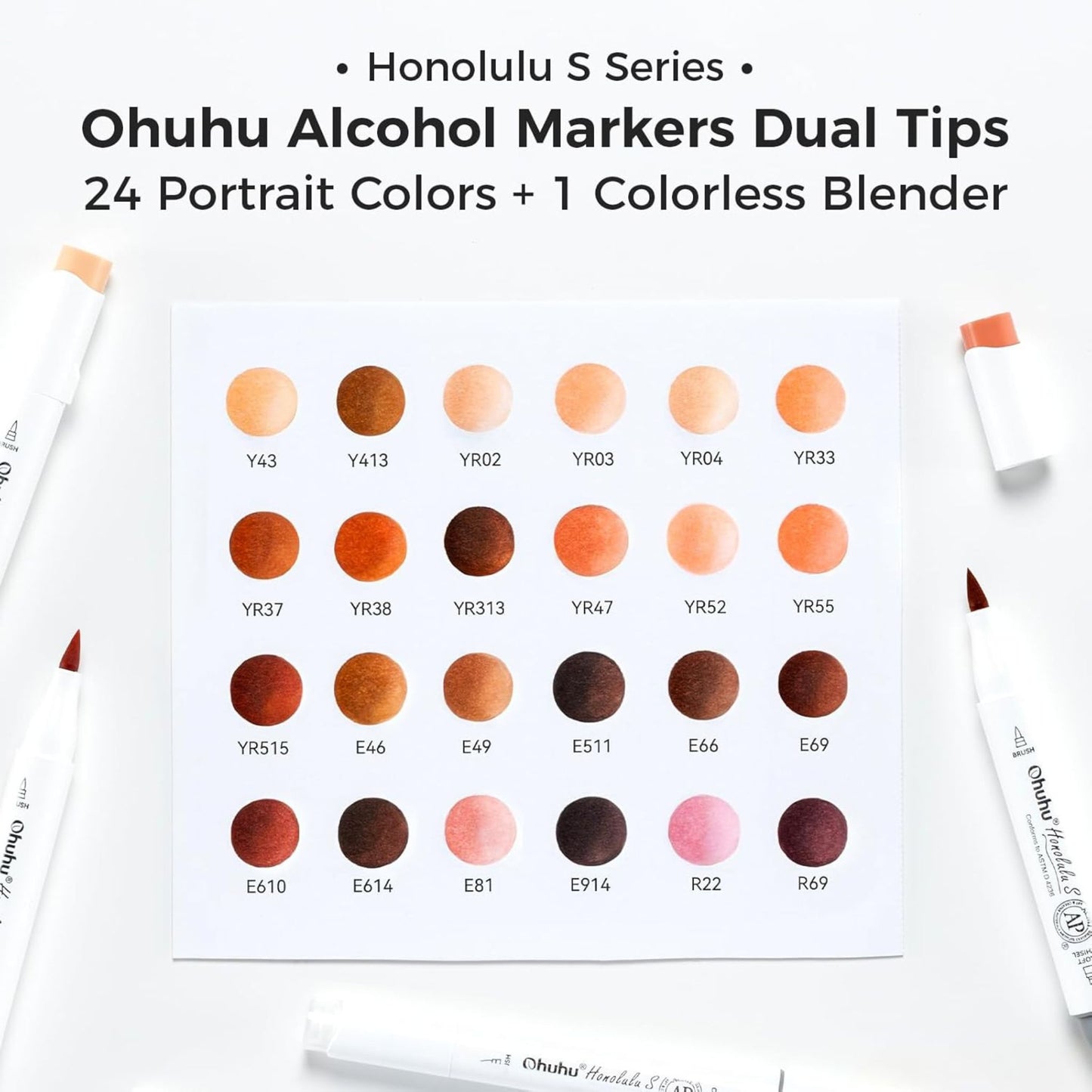 Ohuhu Honolulu S: Set de 24 marcadores de alcohol doble punta tonos piel+ 1 blender (Punta brush + biselada soft)