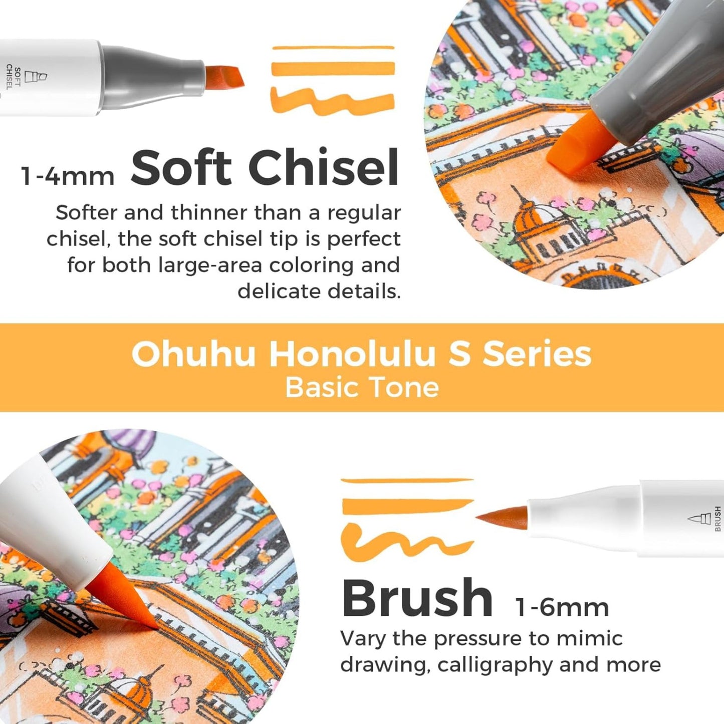 Ohuhu Honolulu S: Set de 24 marcadores de alcohol doble punta tonos piel+ 1 blender (Punta brush + biselada soft)