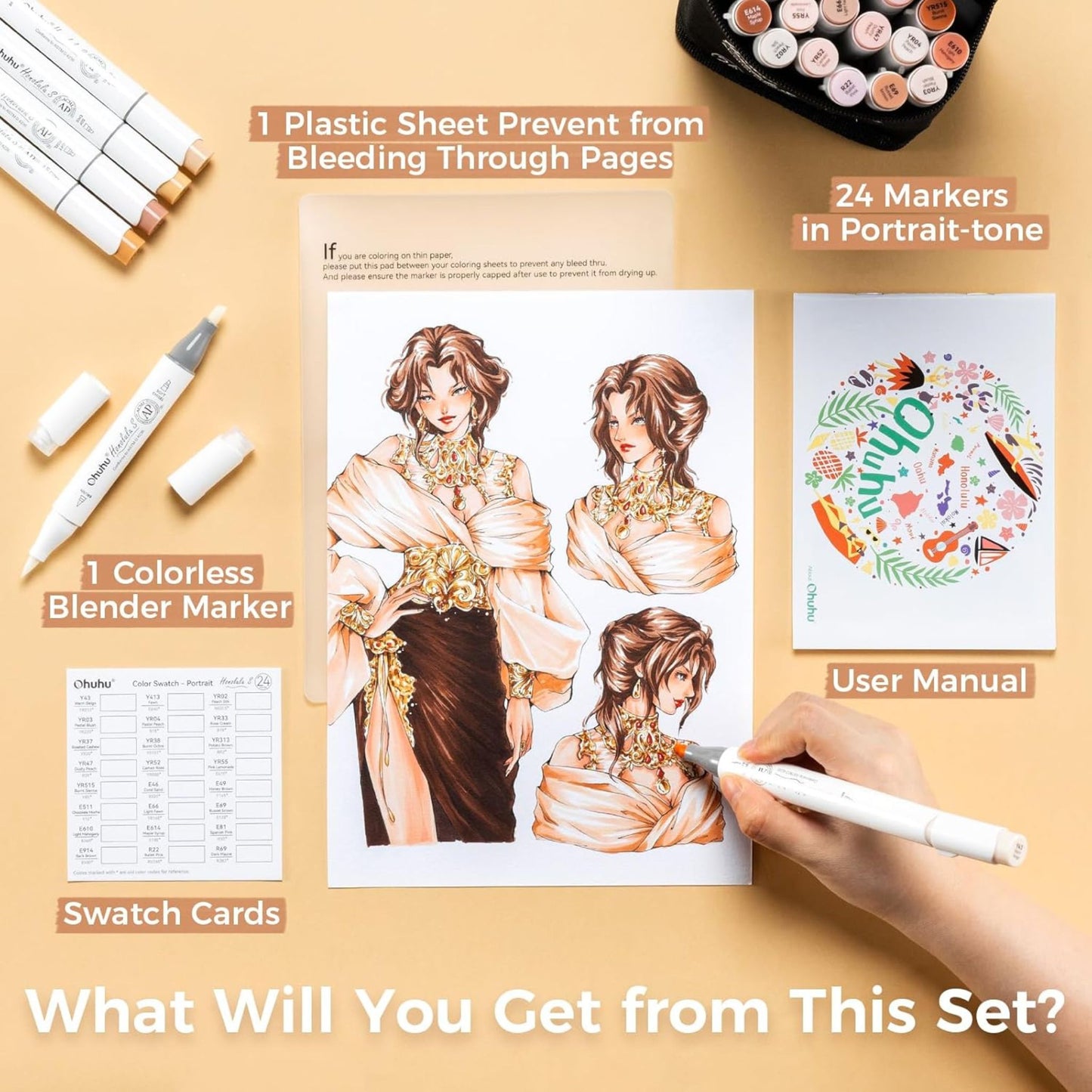 Ohuhu Honolulu S: Set de 24 marcadores de alcohol doble punta tonos piel+ 1 blender (Punta brush + biselada soft)