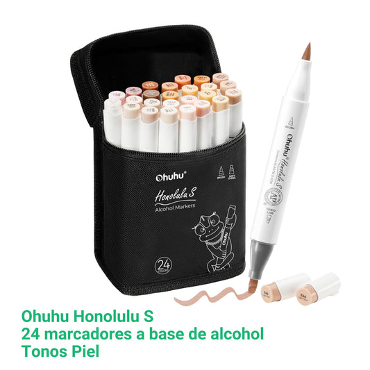 Ohuhu Honolulu S: Set de 24 marcadores de alcohol doble punta tonos piel+ 1 blender (Punta brush + biselada soft)