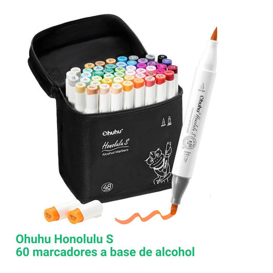 Ohuhu Honolulu S: Set de 60 marcadores de alcohol doble punta tonos ilustración + 1 blender (Punta brush + biselada soft)