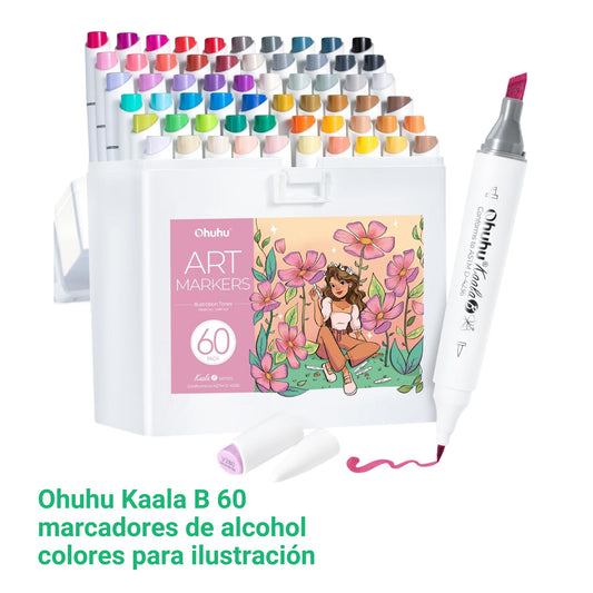 Ohuhu Kaala B: Set de 60 marcadores de alcohol doble punta colores para Ilustración + 1 blender (Punta delgada - ancha + mini pincel)