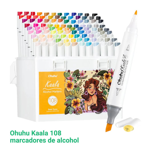 Ohuhu Kaala: Set de 108 marcadores de alcohol doble punta colores básicos + 1 blender (Punta delgada - ancha + fina)